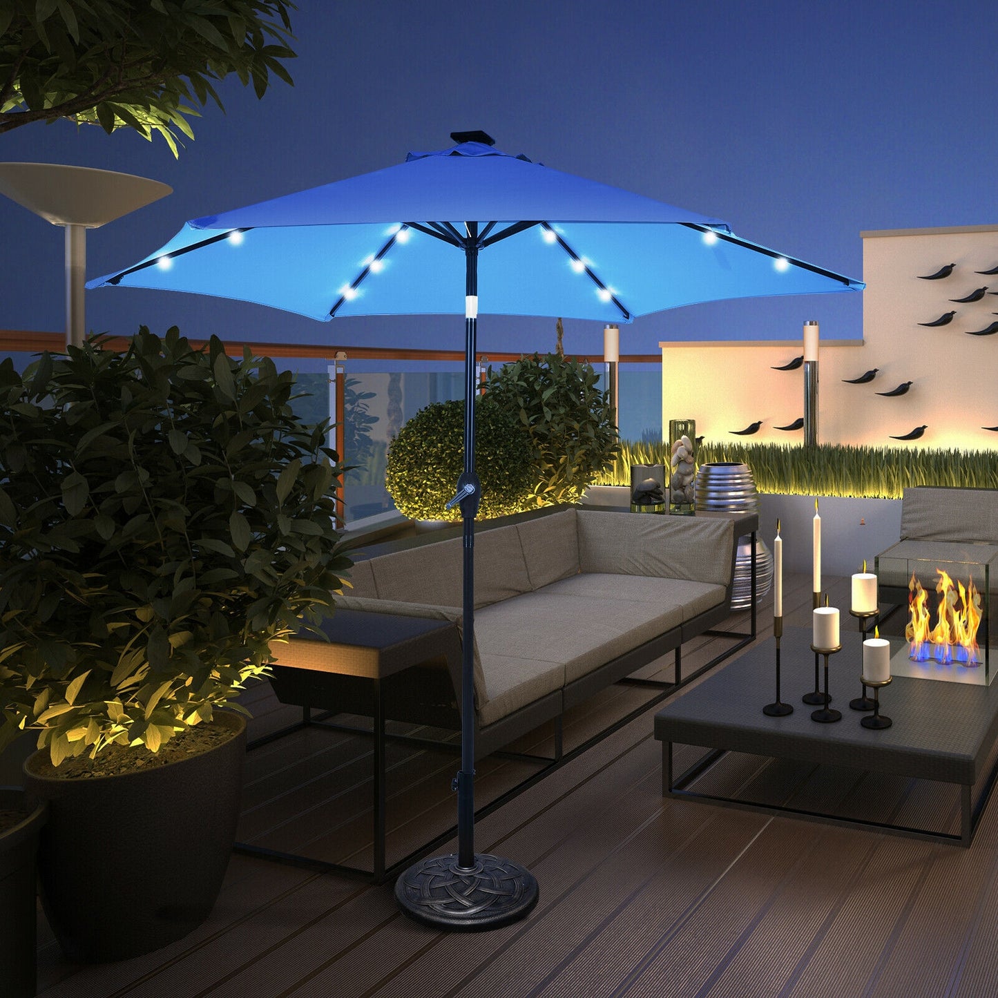 9' Solar LED Lighted Patio Market Umbrella Tilt Adjustment Crank Lift -Blue Kids Crystal
