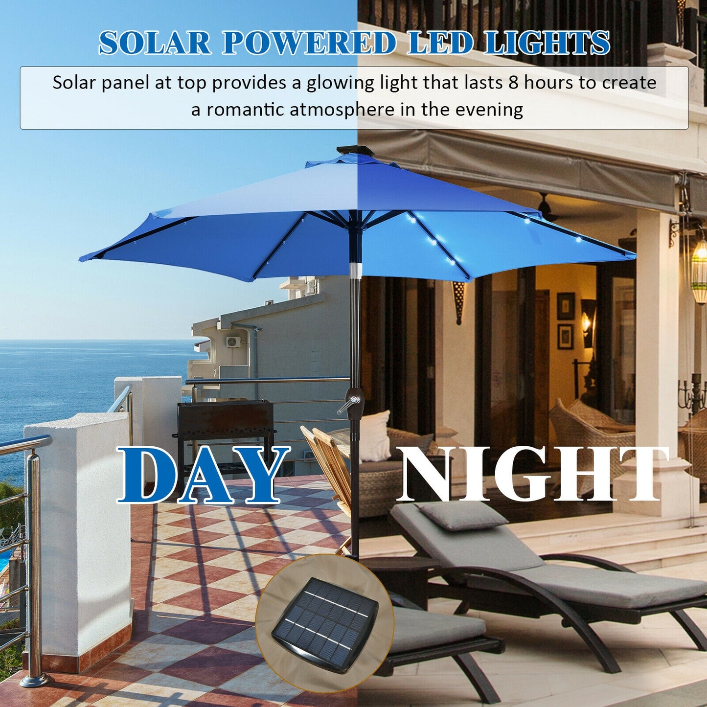 9' Solar LED Lighted Patio Market Umbrella Tilt Adjustment Crank Lift -Blue Kids Crystal