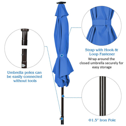9' Solar LED Lighted Patio Market Umbrella Tilt Adjustment Crank Lift -Blue