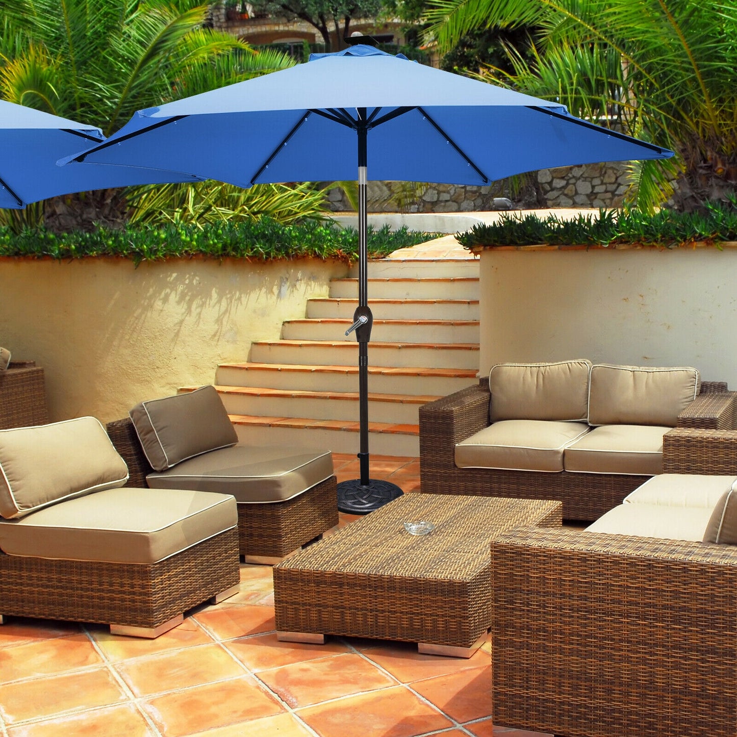 9' Solar LED Lighted Patio Market Umbrella Tilt Adjustment Crank Lift -Blue Kids Crystal