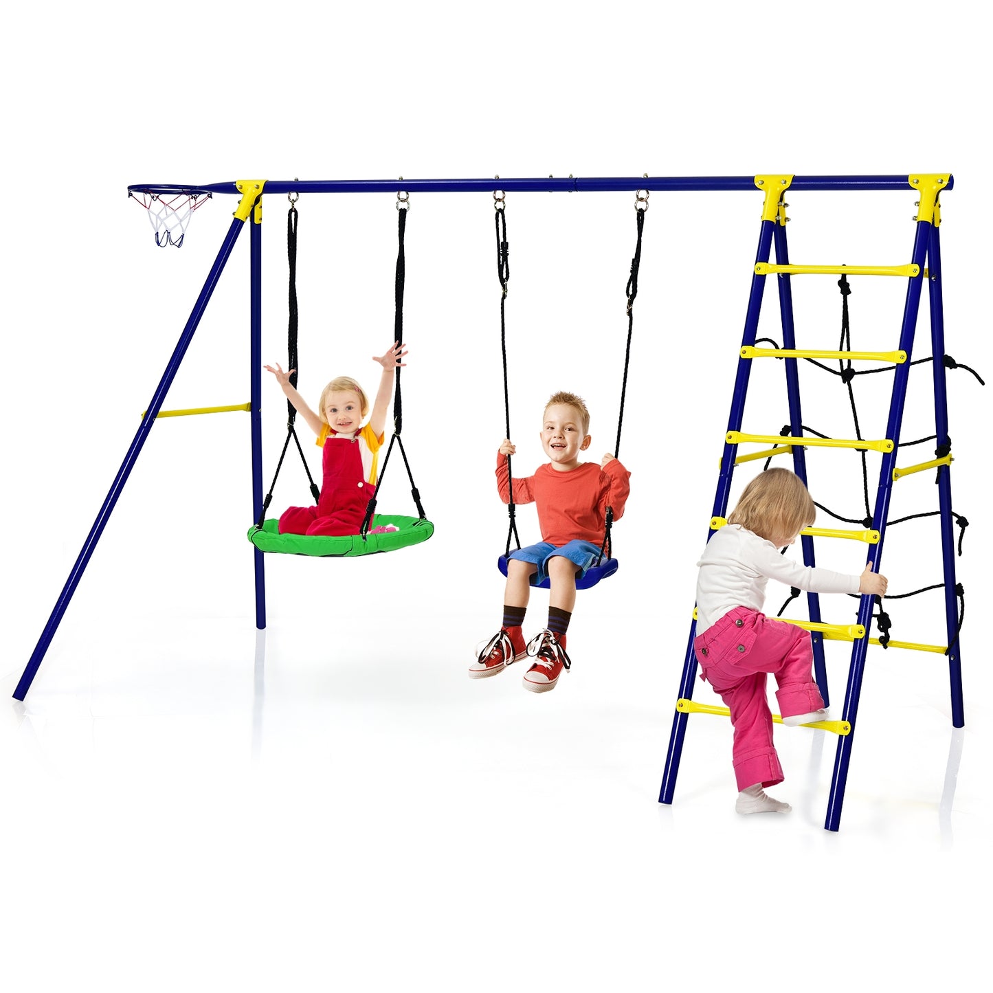 5-In-1 Outdoor Kids Swing Set with A-Shaped Metal Frame and Ground Stake Kids Crystal
