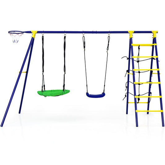 5-In-1 Outdoor Kids Swing Set with A-Shaped Metal Frame and Ground Stake Kids Crystal