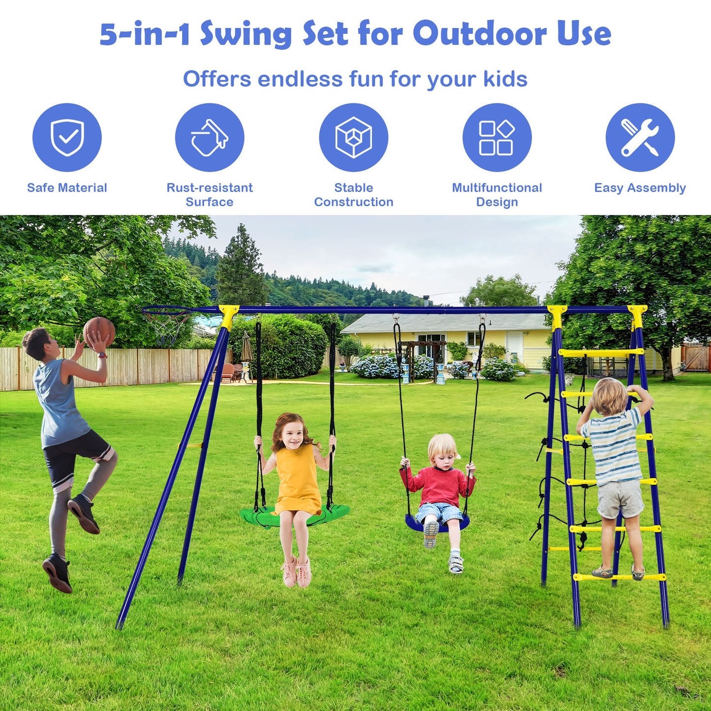 5-In-1 Outdoor Kids Swing Set with A-Shaped Metal Frame and Ground Stake Kids Crystal