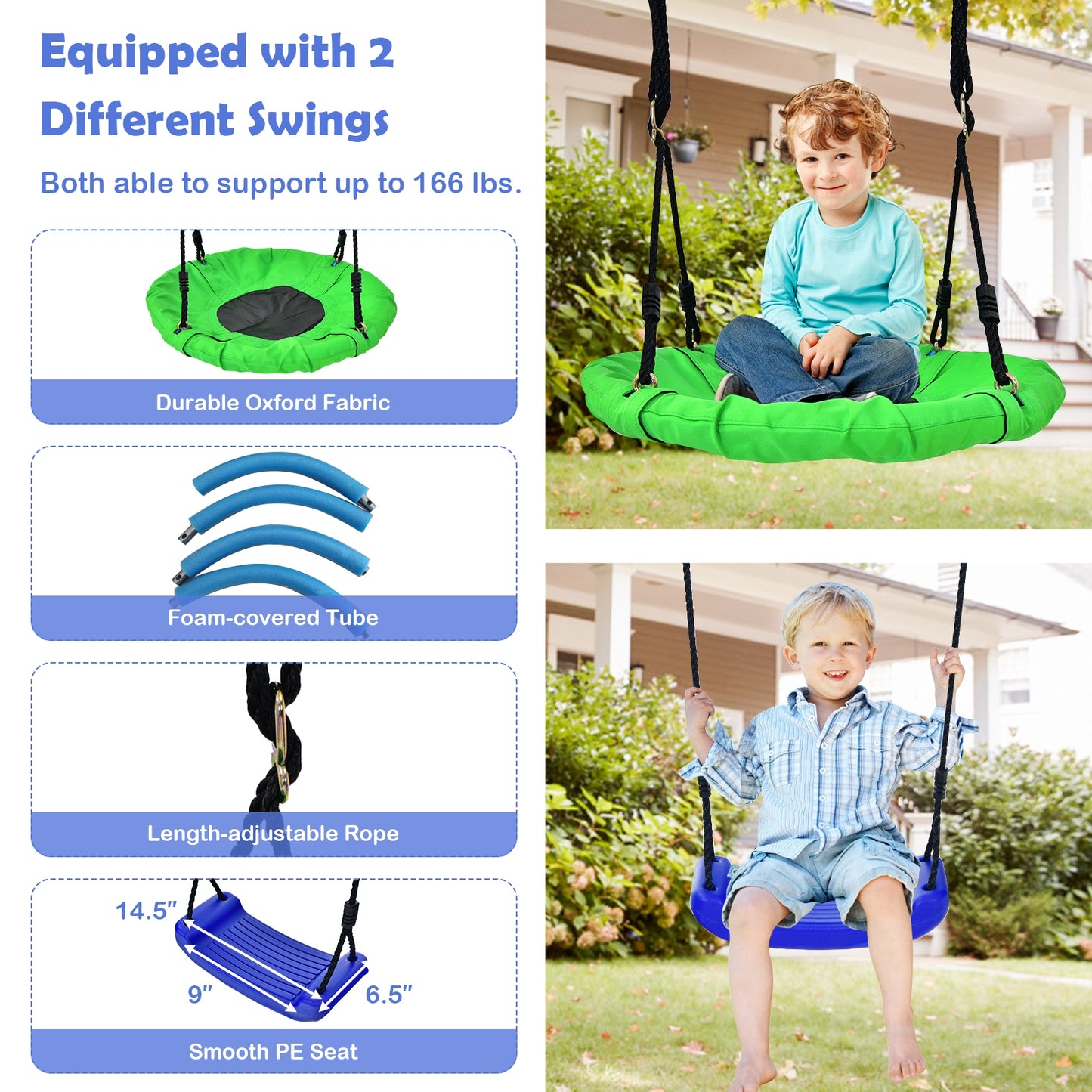 5-In-1 Outdoor Kids Swing Set with A-Shaped Metal Frame and Ground Stake Kids Crystal