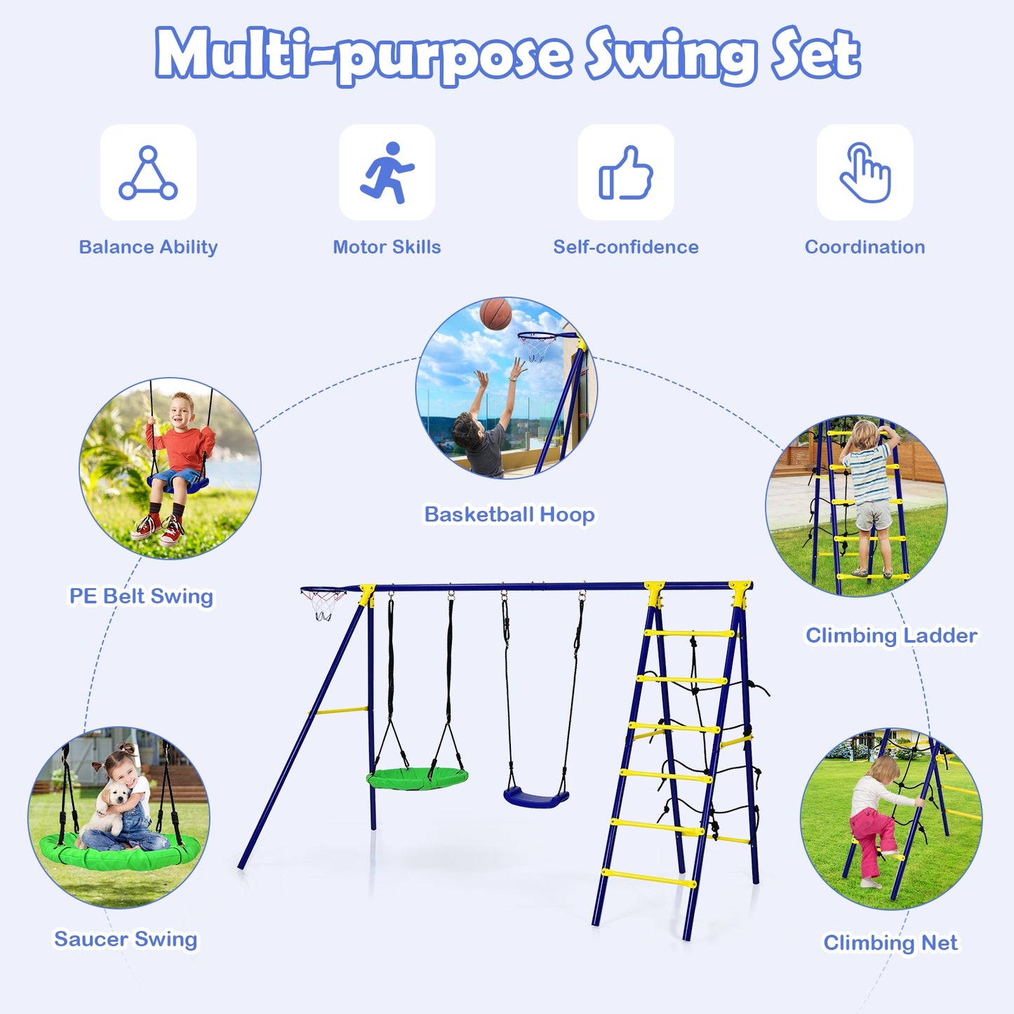 5-In-1 Outdoor Kids Swing Set with A-Shaped Metal Frame and Ground Stake Kids Crystal