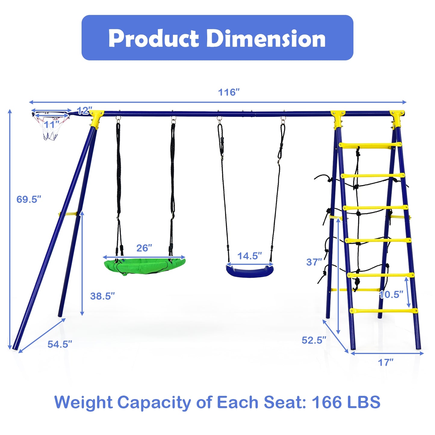 5-In-1 Outdoor Kids Swing Set with A-Shaped Metal Frame and Ground Stake Kids Crystal