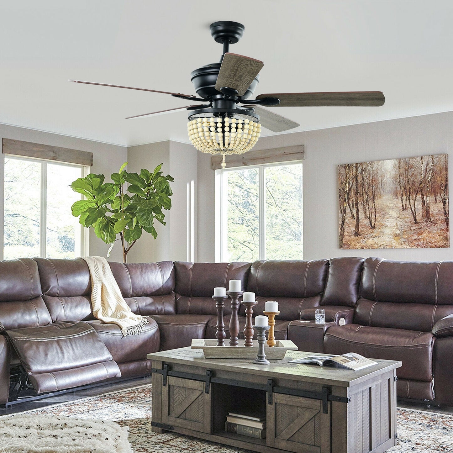 52 Inch Retro Ceiling Fan Light with Reversible Blades Remote Control-Black Kids Crystal