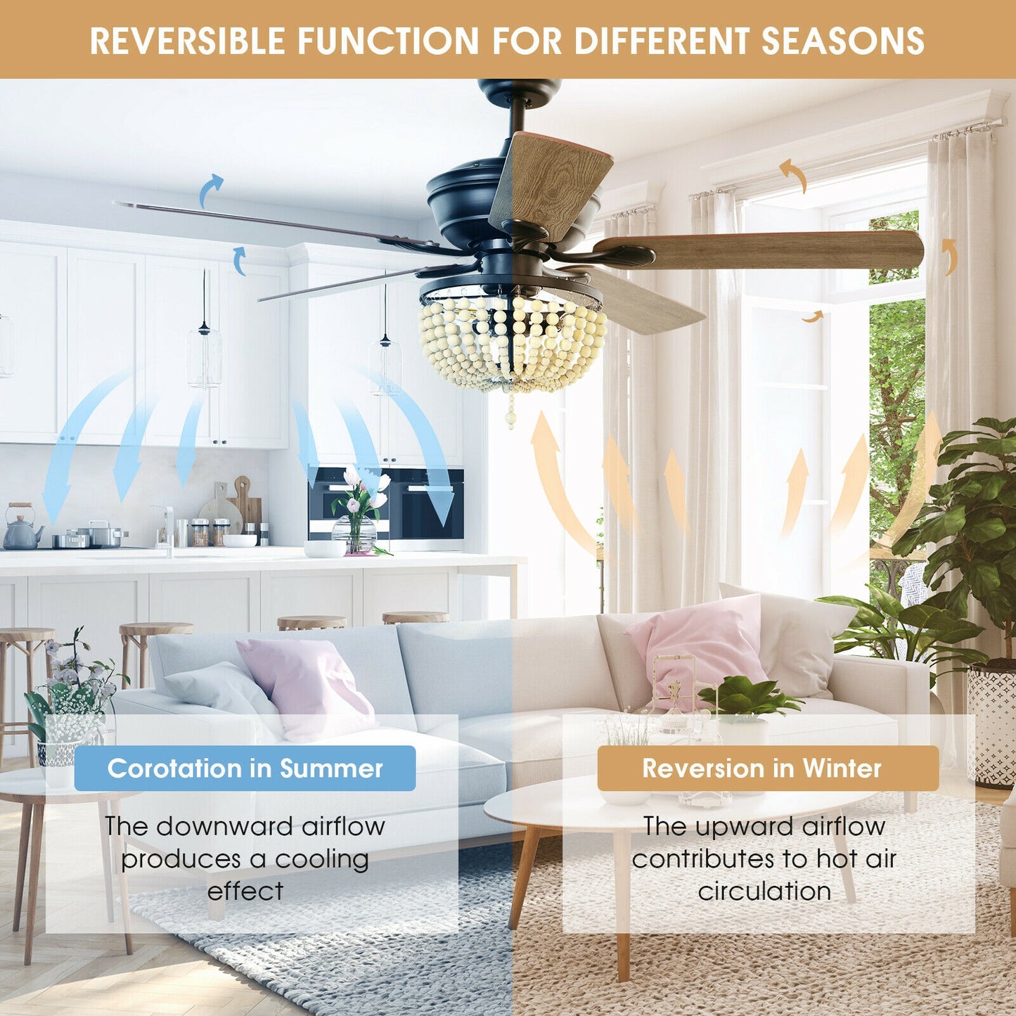 52 Inch Retro Ceiling Fan Light with Reversible Blades Remote Control-Black Kids Crystal