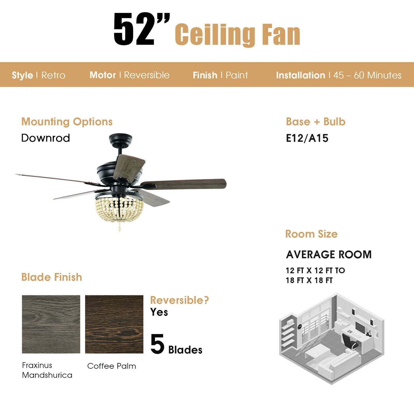 52 Inch Retro Ceiling Fan Light with Reversible Blades Remote Control-Black Kids Crystal