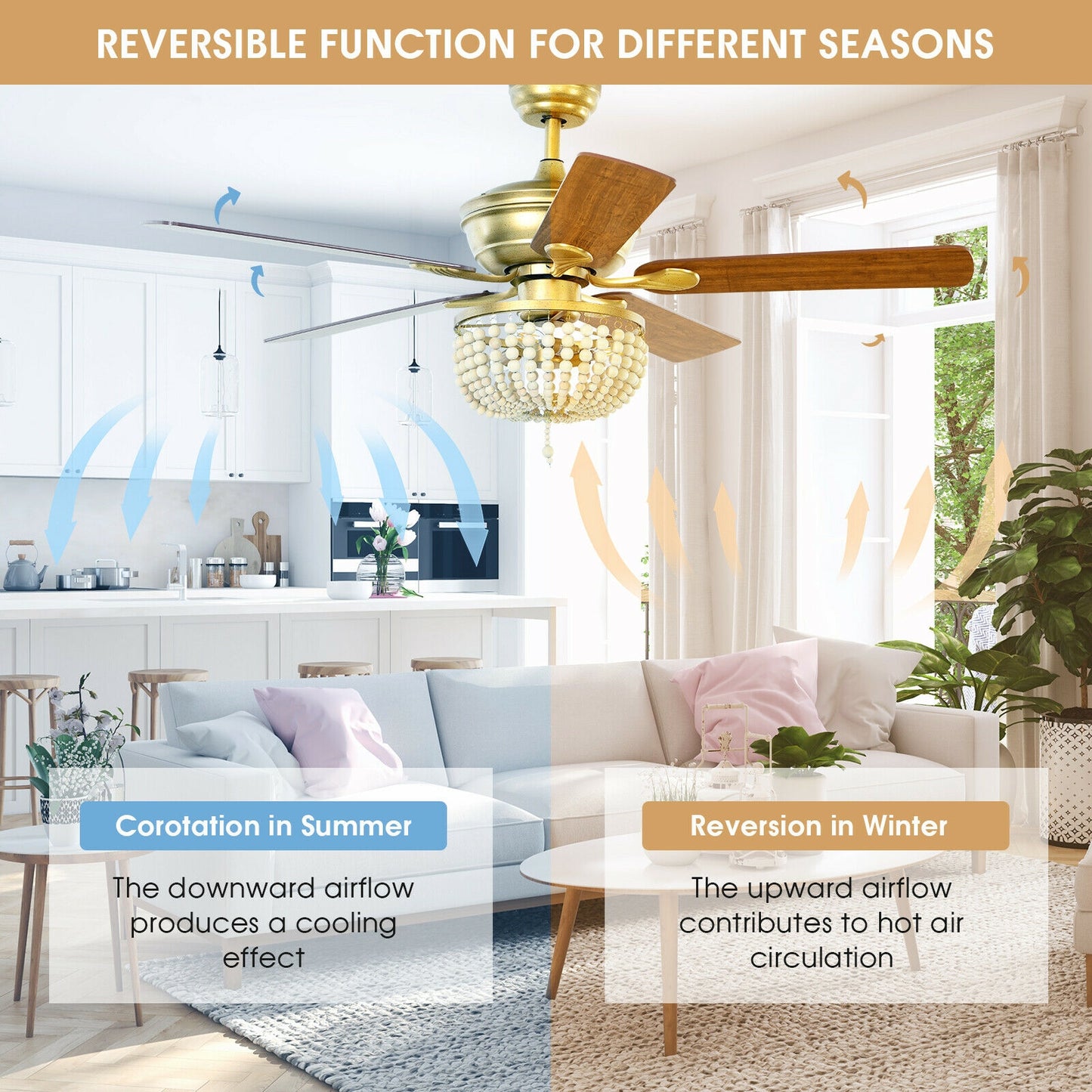52 Inch Retro Ceiling Fan Light with Reversible Blades Remote Control-Golden Kids Crystal