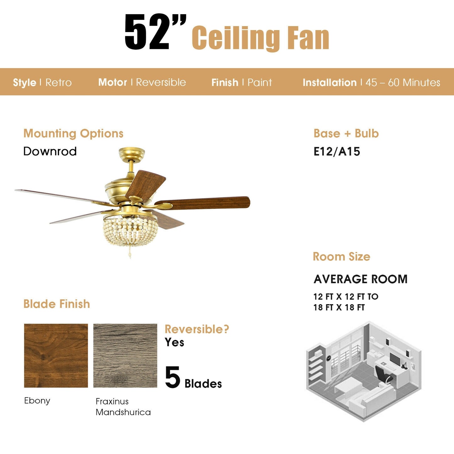 52 Inch Retro Ceiling Fan Light with Reversible Blades Remote Control-Golden Kids Crystal