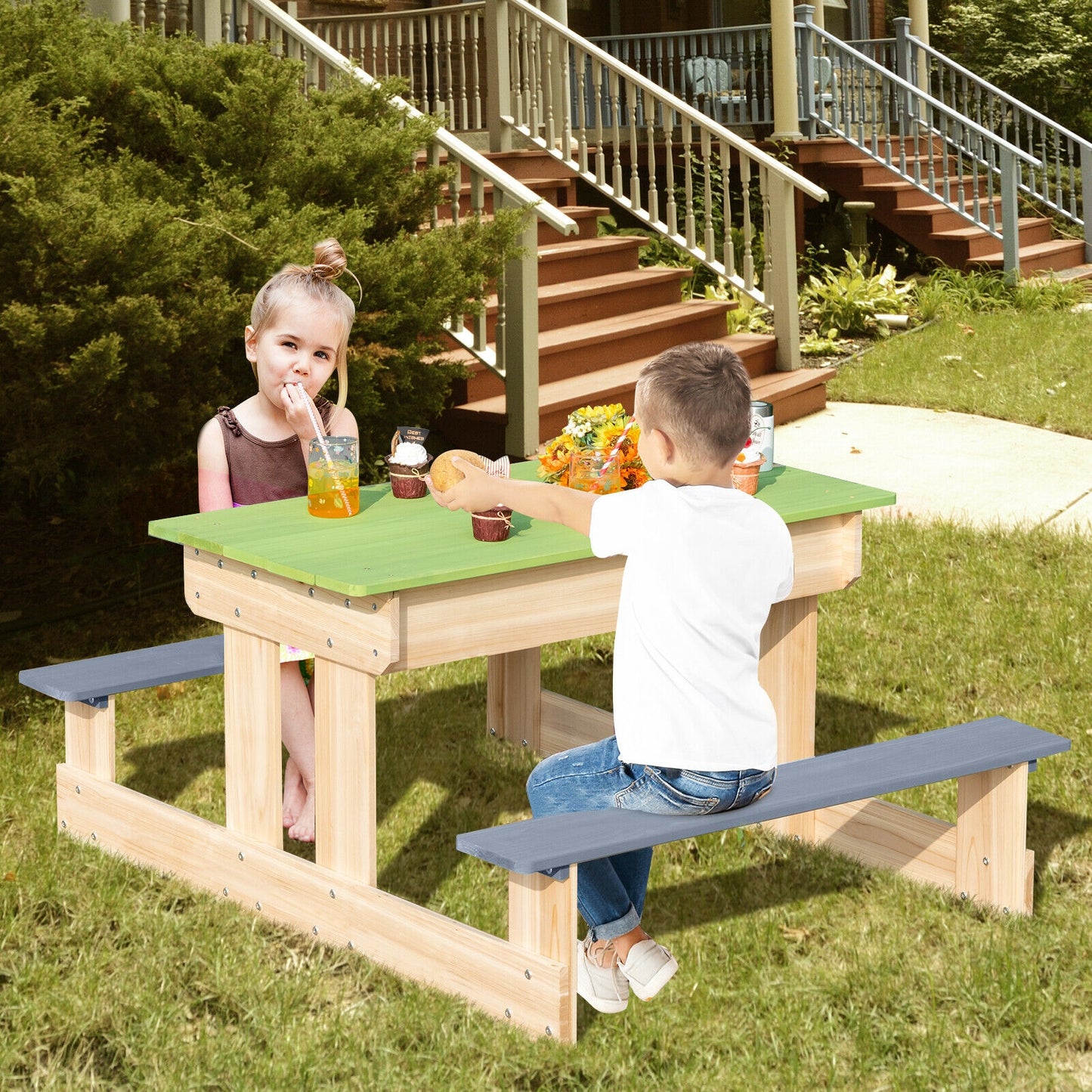3-in-1 Outdoor Wooden Kids Water Sand Table with Play Boxes Kids Crystal