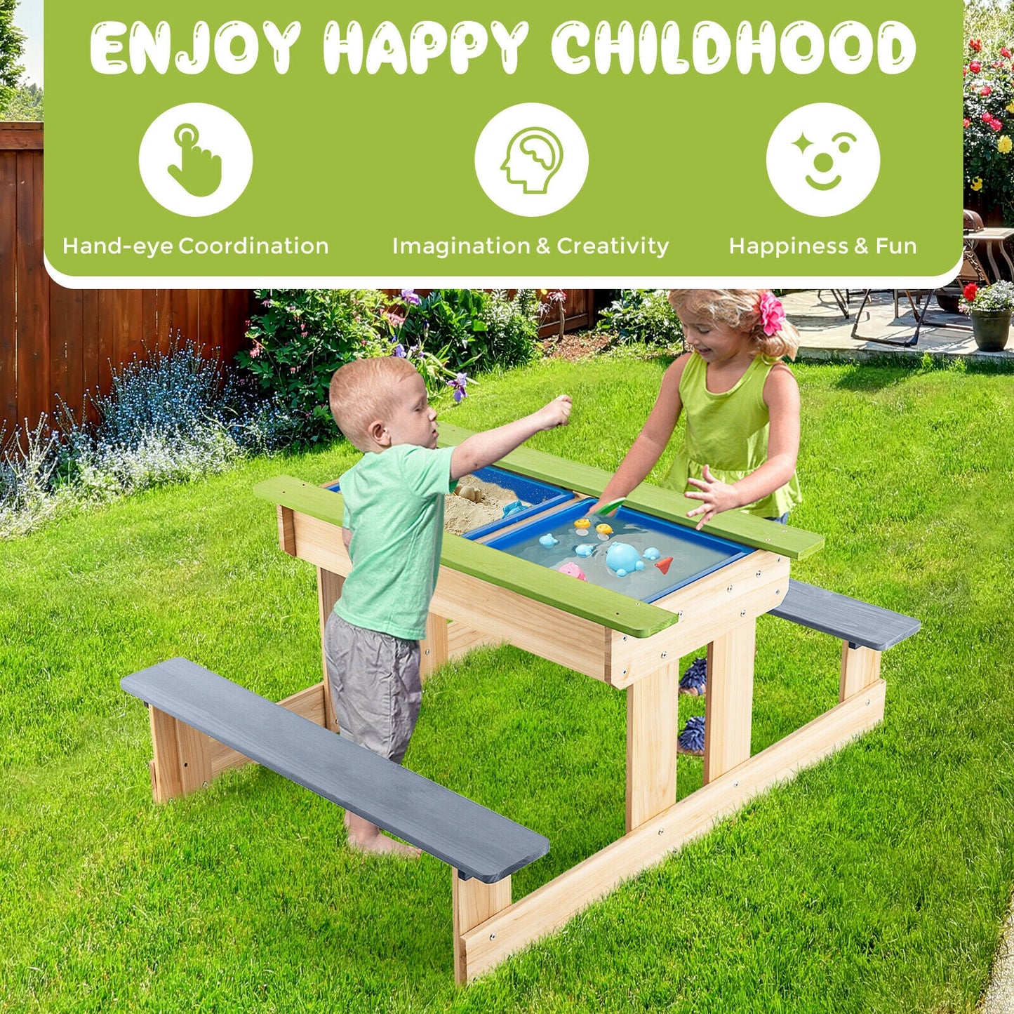 3-in-1 Outdoor Wooden Kids Water Sand Table with Play Boxes Kids Crystal