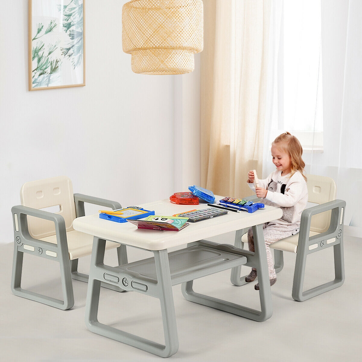 Kids Table and 2 Chairs Set with Storage Shelf-White Kids Crystal