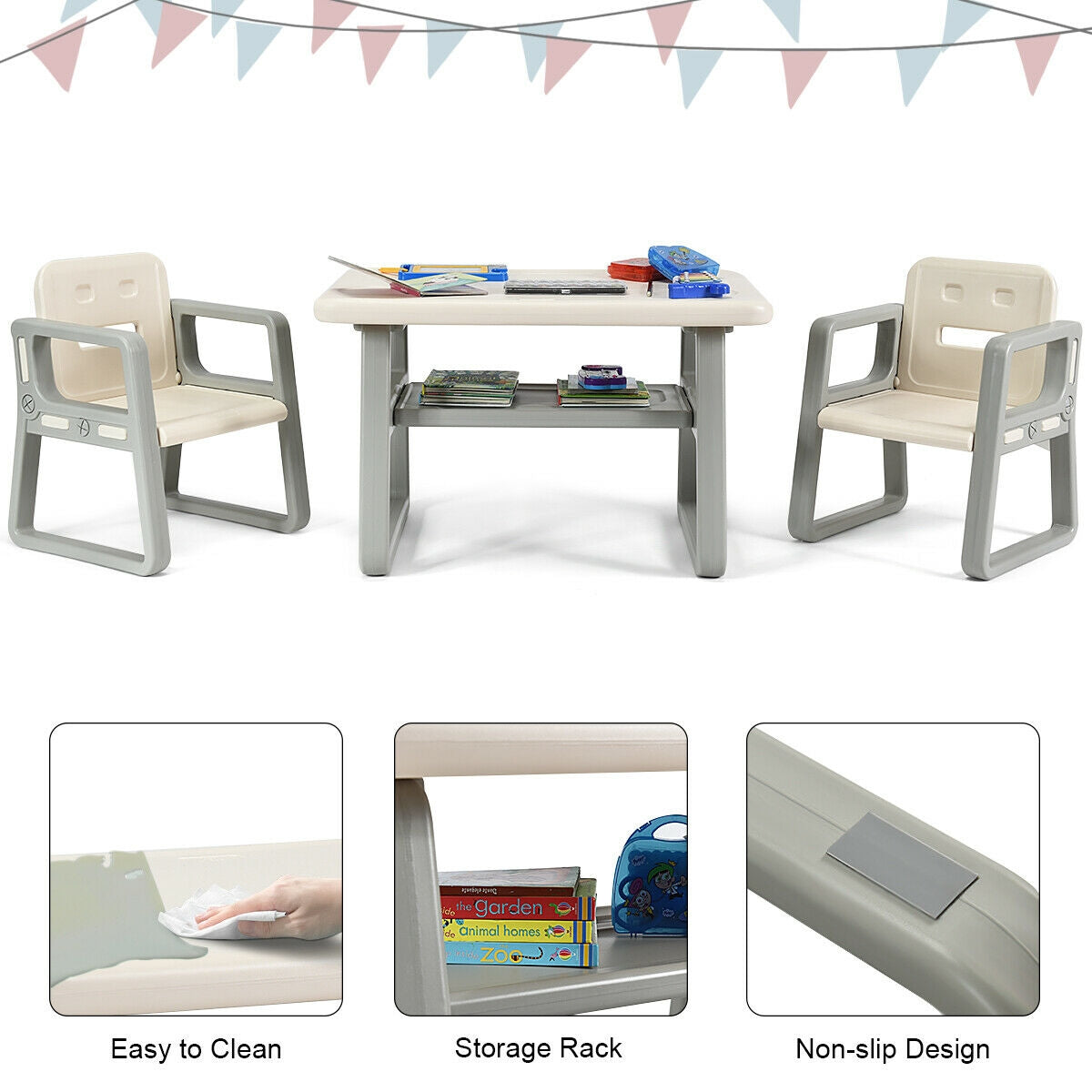 Kids Table and 2 Chairs Set with Storage Shelf-White Kids Crystal