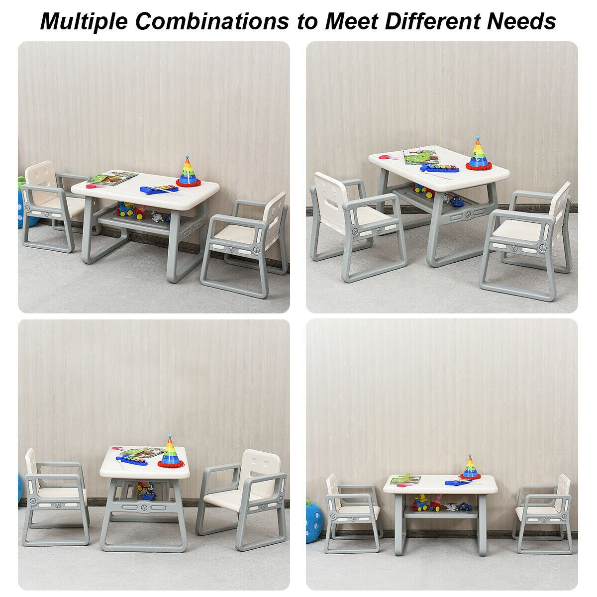 Kids Table and 2 Chairs Set with Storage Shelf-White Kids Crystal