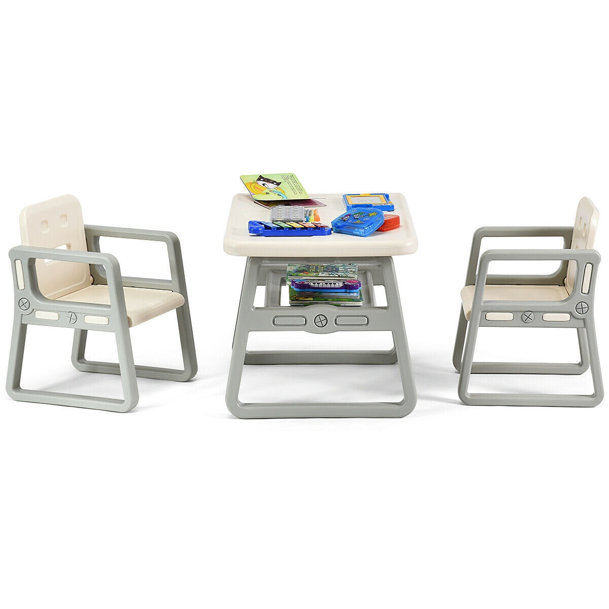 Kids Table and 2 Chairs Set with Storage Shelf-White Kids Crystal