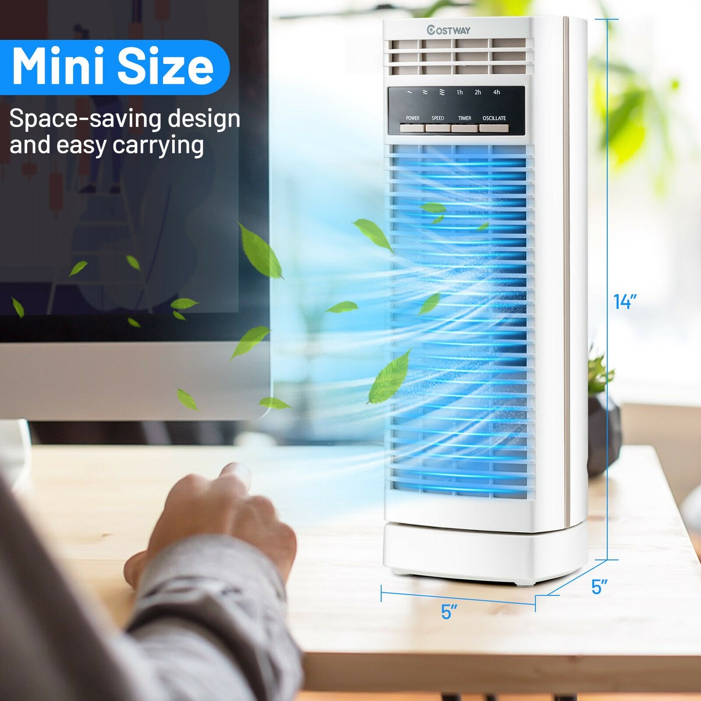 14 Inch Mini Oscillating Tower Fan Electric Desk Fan with 3 Speed and Timer-White Kids Crystal
