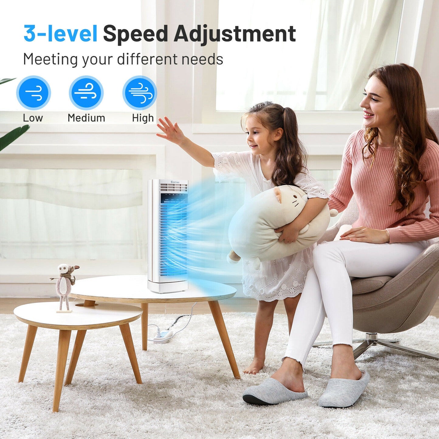 14 Inch Mini Oscillating Tower Fan Electric Desk Fan with 3 Speed and Timer-White Kids Crystal