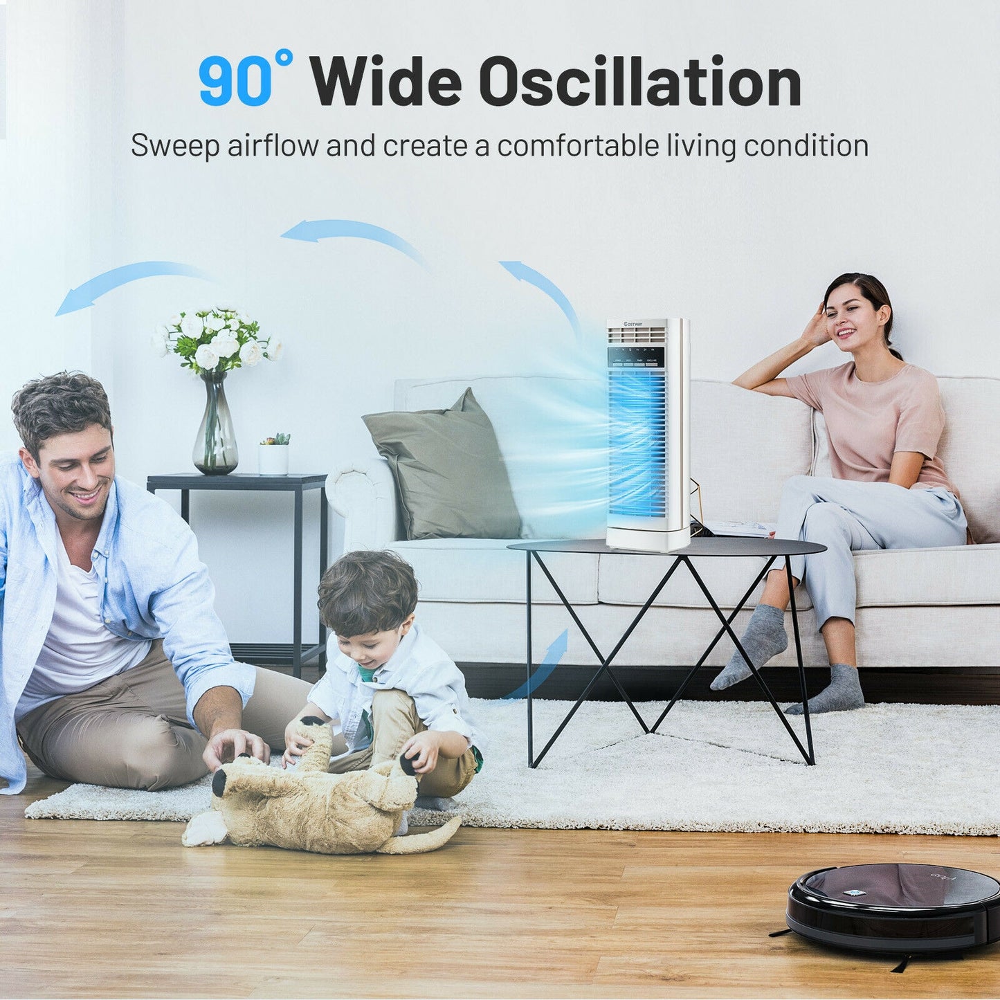 14 Inch Mini Oscillating Tower Fan Electric Desk Fan with 3 Speed and Timer-White Kids Crystal