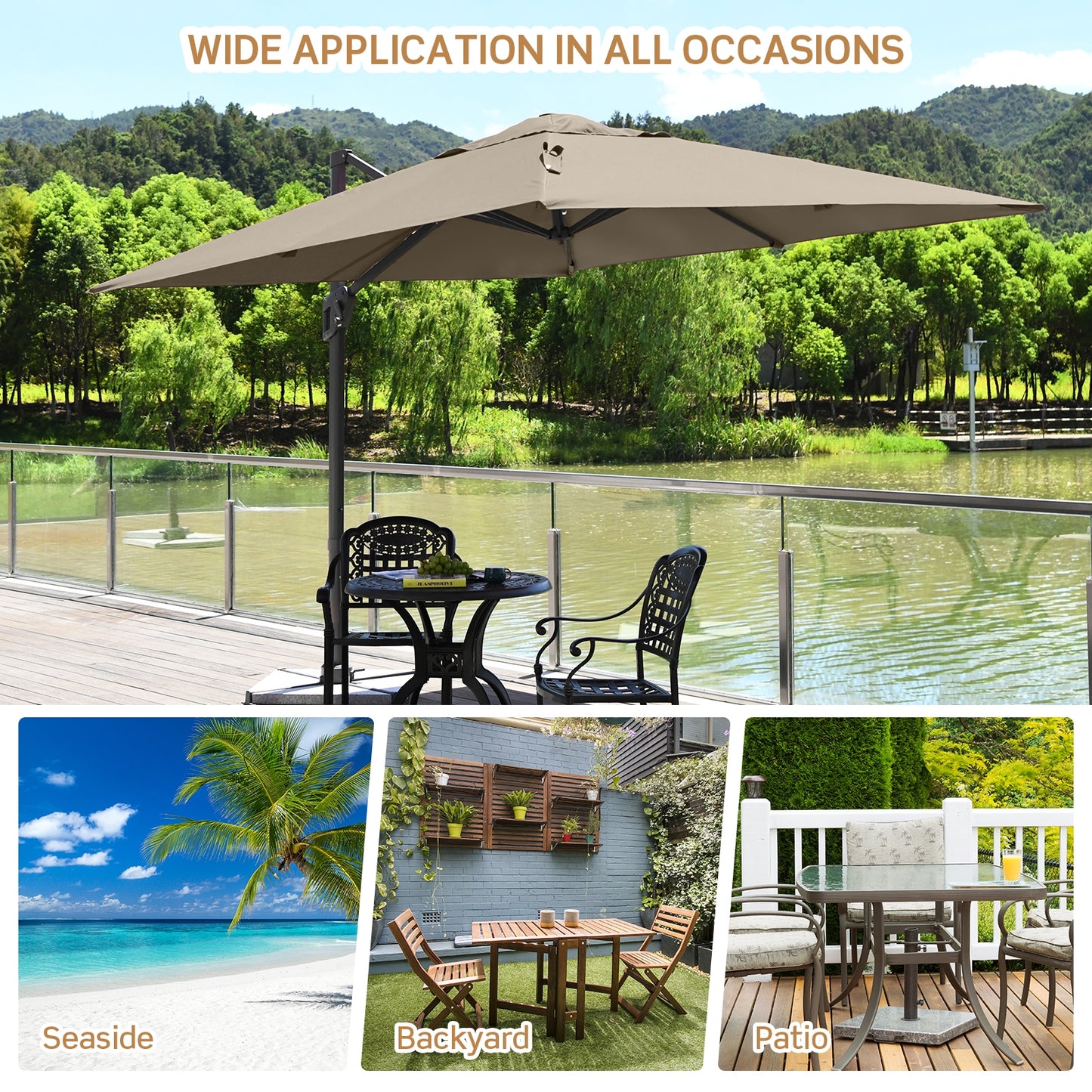 10 x 10 Feet Patio Offset Cantilever Umbrella with Aluminum 360-degree Rotation Tilt-Coffee Kids Crystal