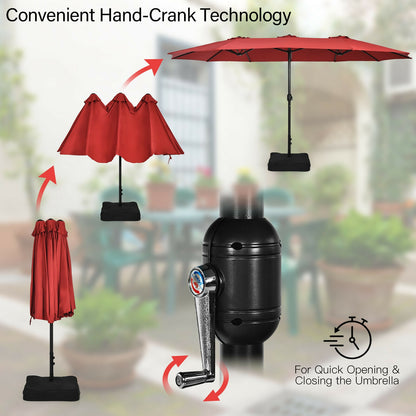 15 Feet Double-Sided Twin Patio Umbrella with Crank and Base Coffee in Outdoor Market-Wine
