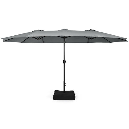 15 Feet Double-Sided Twin Patio Umbrella with Crank and Base Coffee in Outdoor Market-Gray