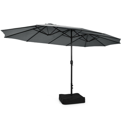 15 Feet Double-Sided Twin Patio Umbrella with Crank and Base Coffee in Outdoor Market-Gray
