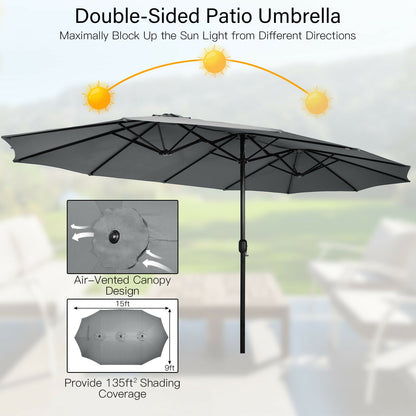 15 Feet Double-Sided Twin Patio Umbrella with Crank and Base Coffee in Outdoor Market-Gray