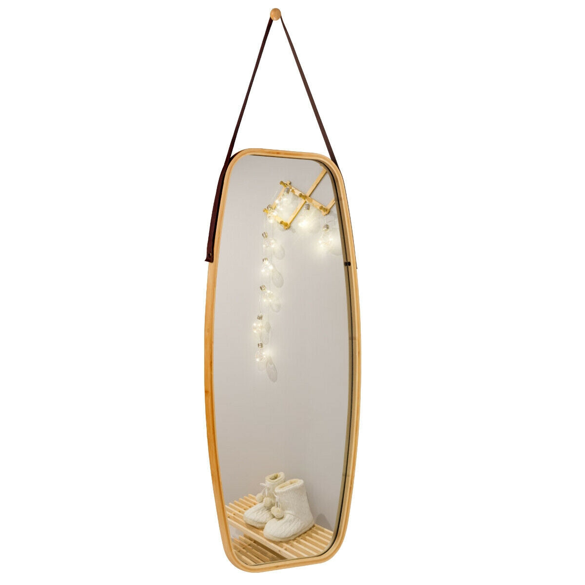 Modern Wall Mirror with Bamboo Frame and Adjustable Leather Strap Kids Crystal