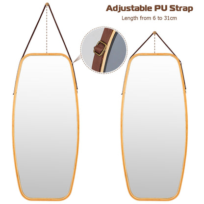Modern Wall Mirror with Bamboo Frame and Adjustable Leather Strap