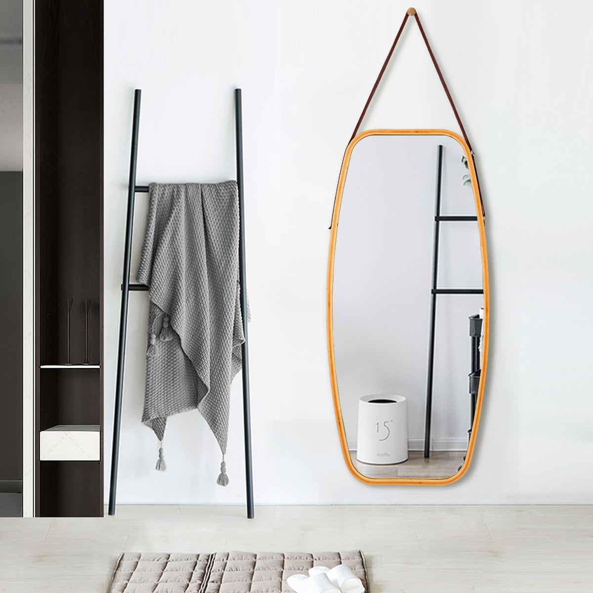Modern Wall Mirror with Bamboo Frame and Adjustable Leather Strap Kids Crystal