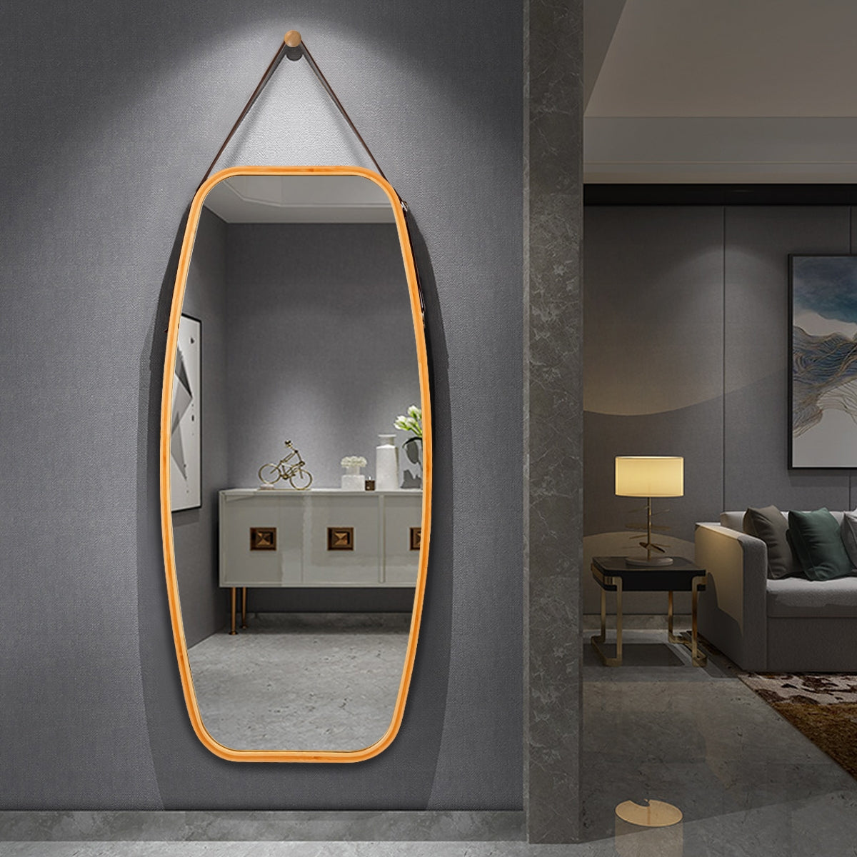 Modern Wall Mirror with Bamboo Frame and Adjustable Leather Strap Kids Crystal