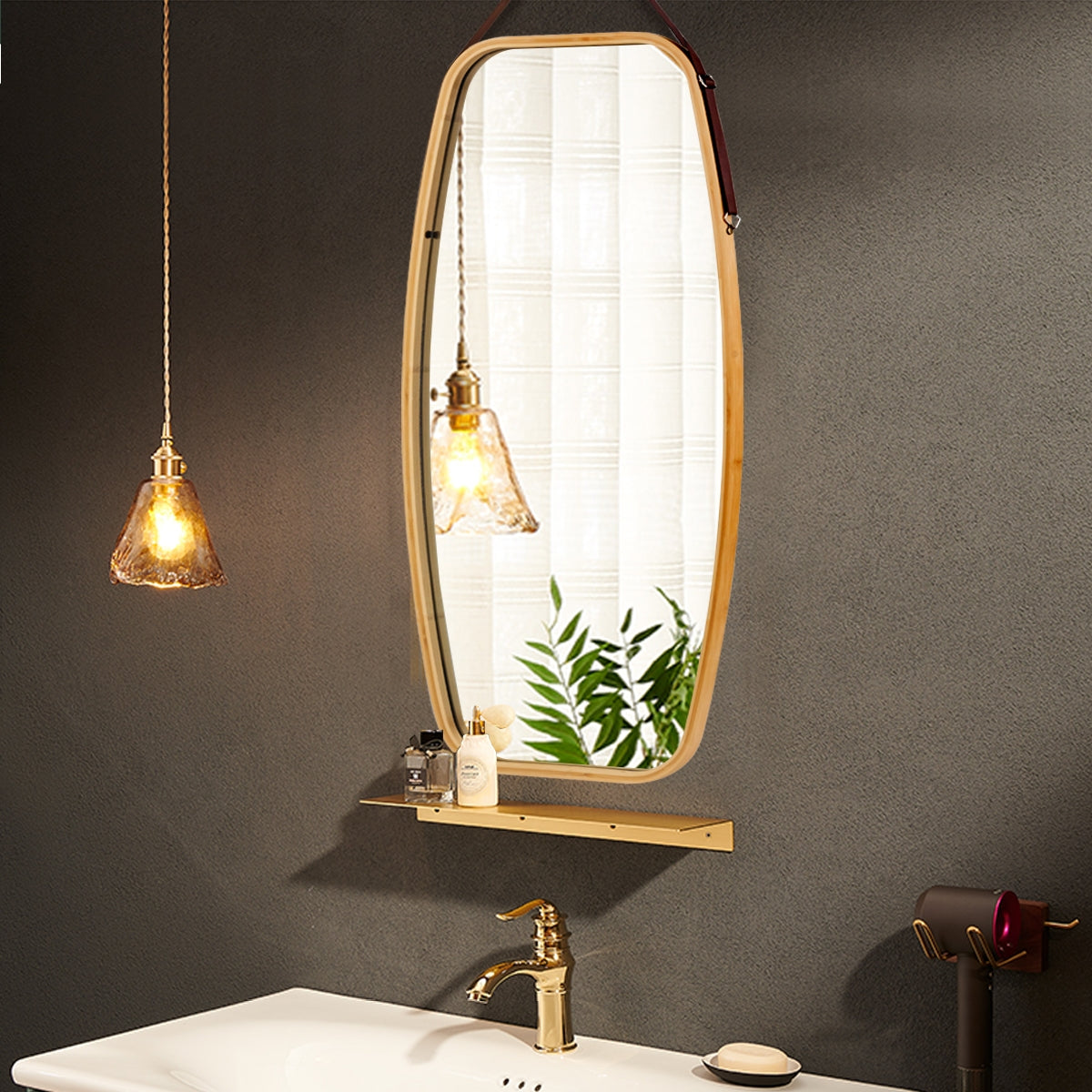 Modern Wall Mirror with Bamboo Frame and Adjustable Leather Strap Kids Crystal