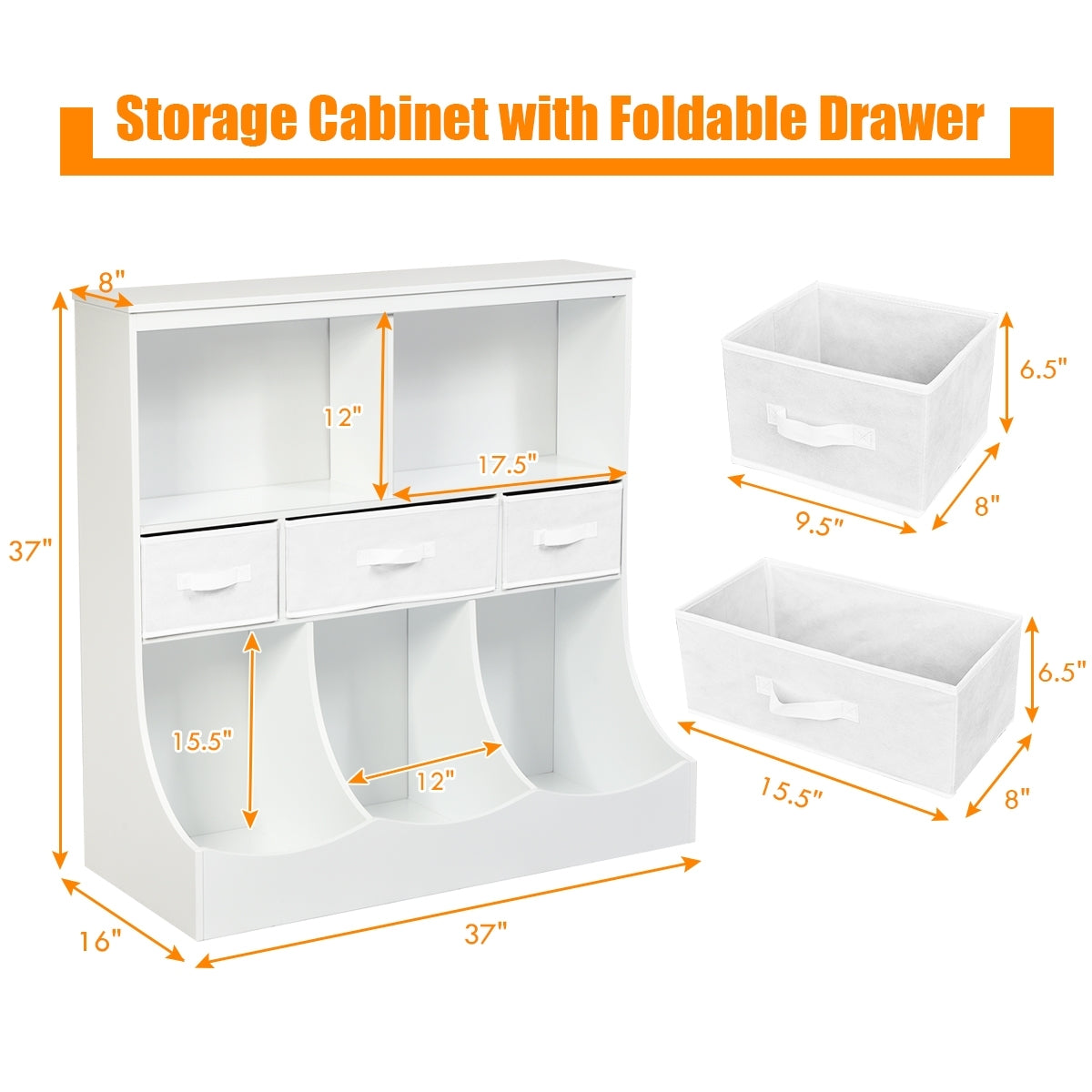 Freestanding Combo Cubby Bin Storage Organizer Unit W/3 Baskets-White Kids Crystal