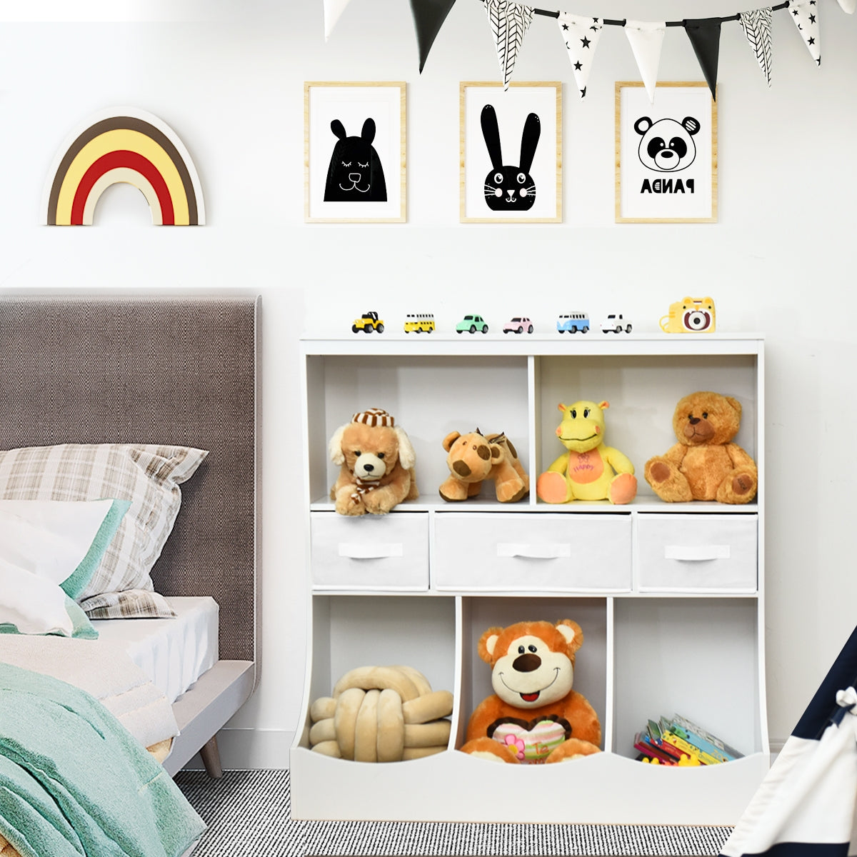 Freestanding Combo Cubby Bin Storage Organizer Unit W/3 Baskets-White Kids Crystal