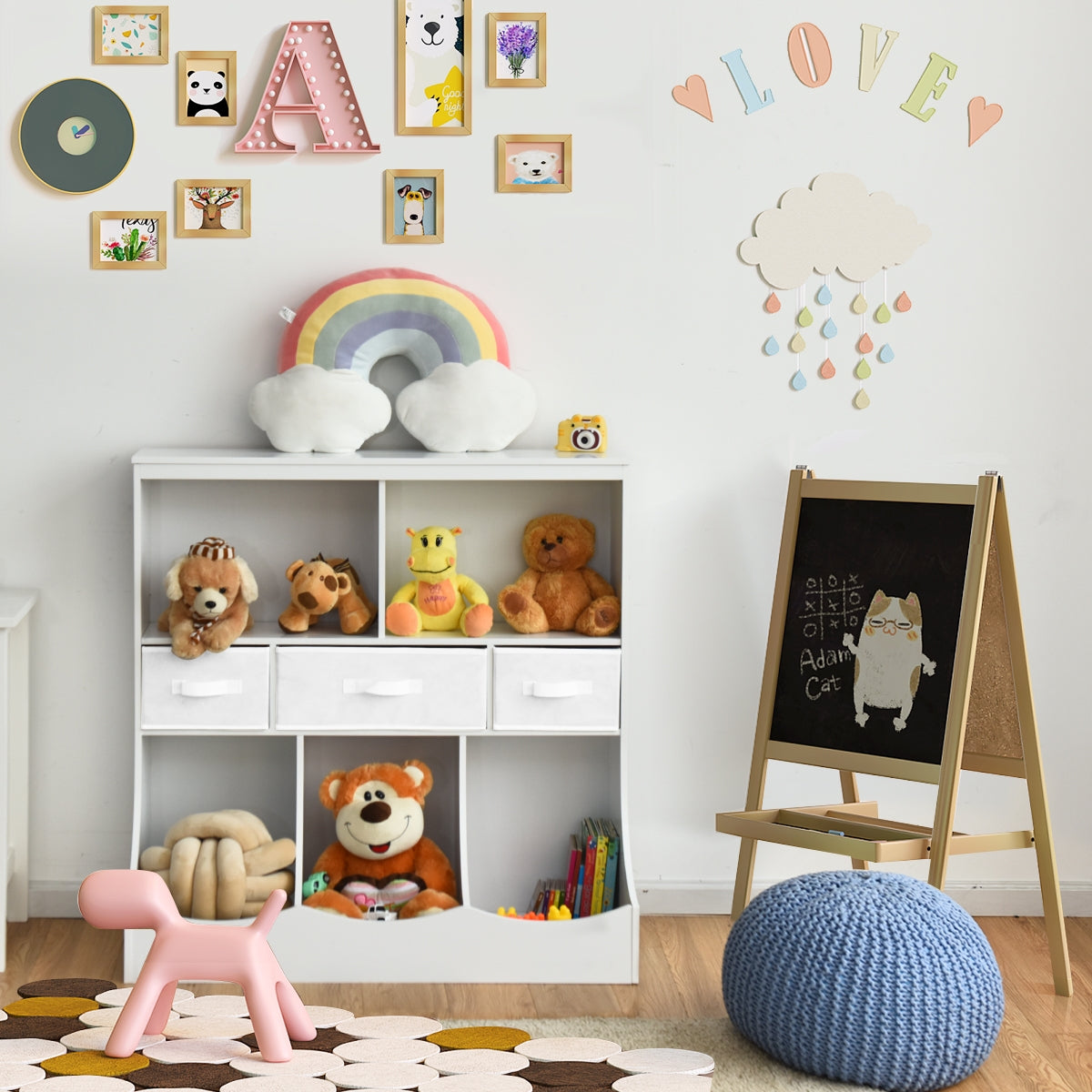 Freestanding Combo Cubby Bin Storage Organizer Unit W/3 Baskets-White Kids Crystal