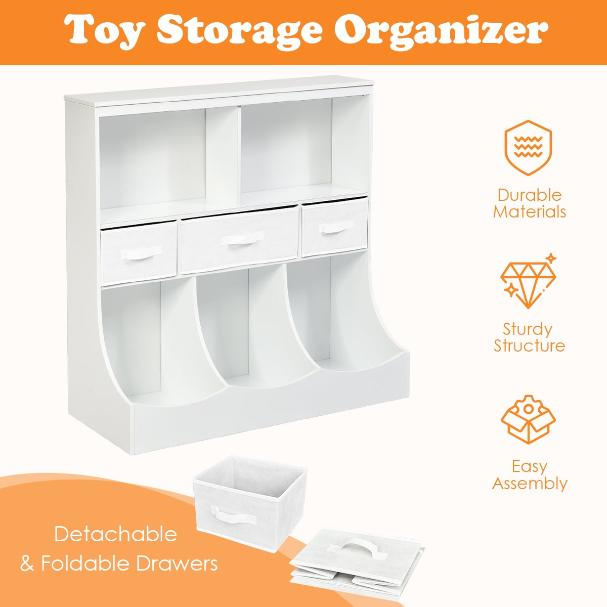 Freestanding Combo Cubby Bin Storage Organizer Unit W/3 Baskets-White Kids Crystal