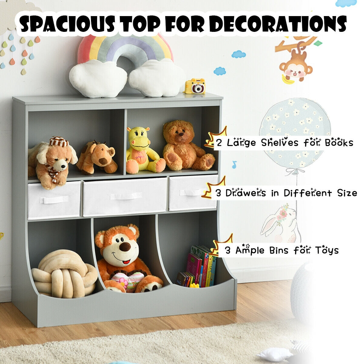 Freestanding Combo Cubby Bin Storage Organizer Unit W/3 Baskets-Gray Kids Crystal