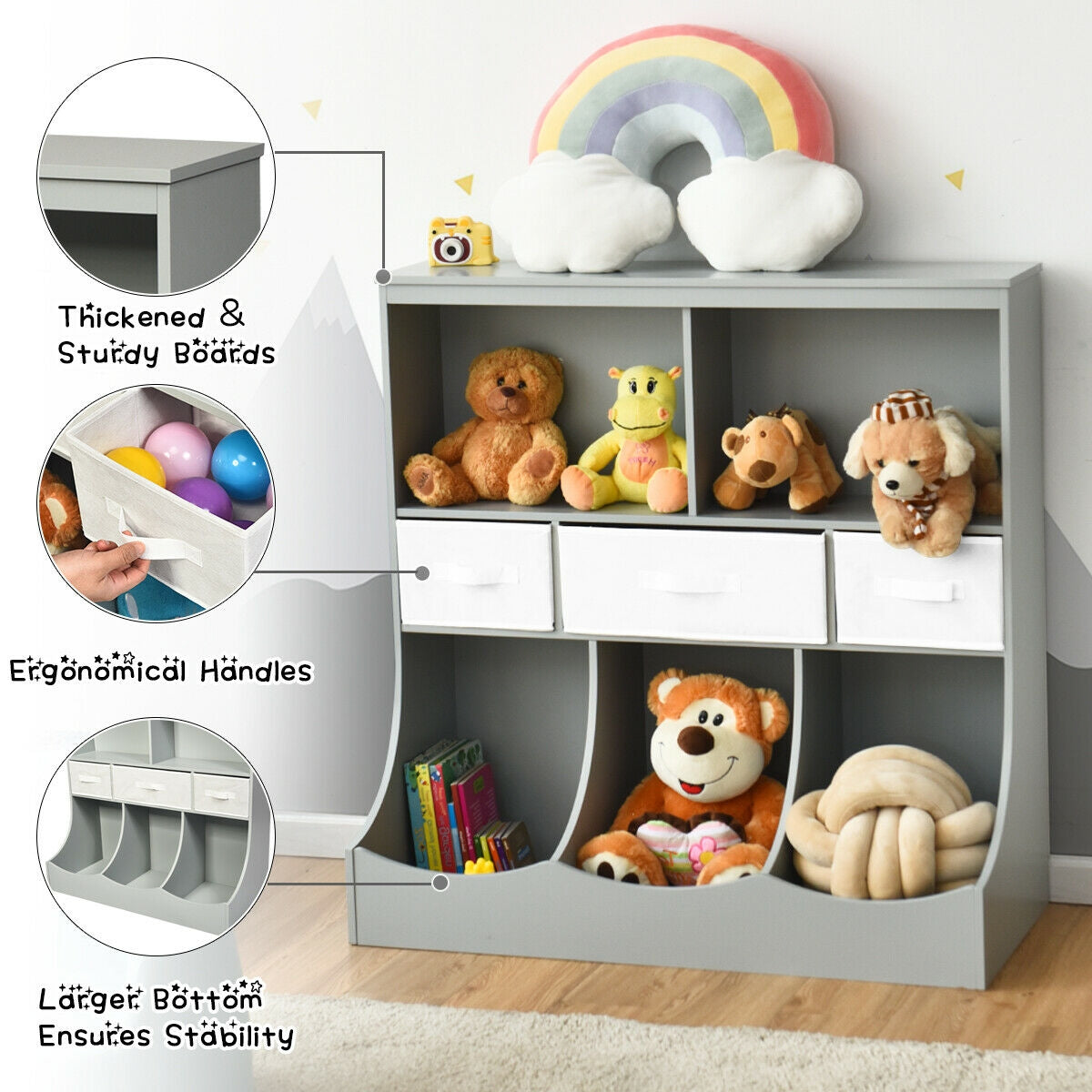 Freestanding Combo Cubby Bin Storage Organizer Unit W/3 Baskets-Gray Kids Crystal