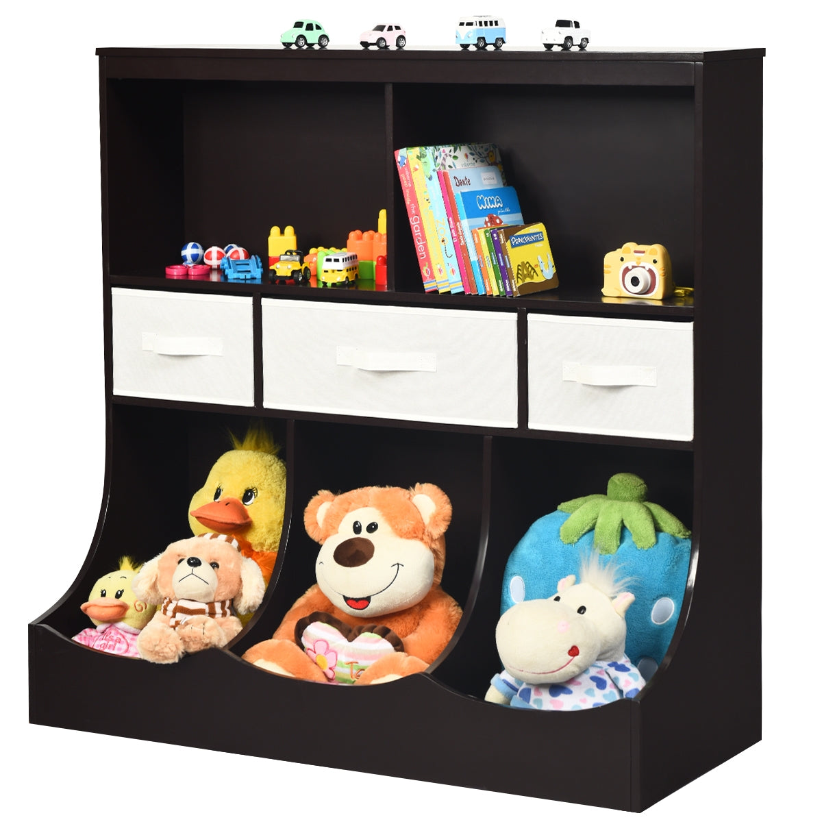 Freestanding Combo Cubby Bin Storage Organizer Unit W/3 Baskets-Brown Kids Crystal