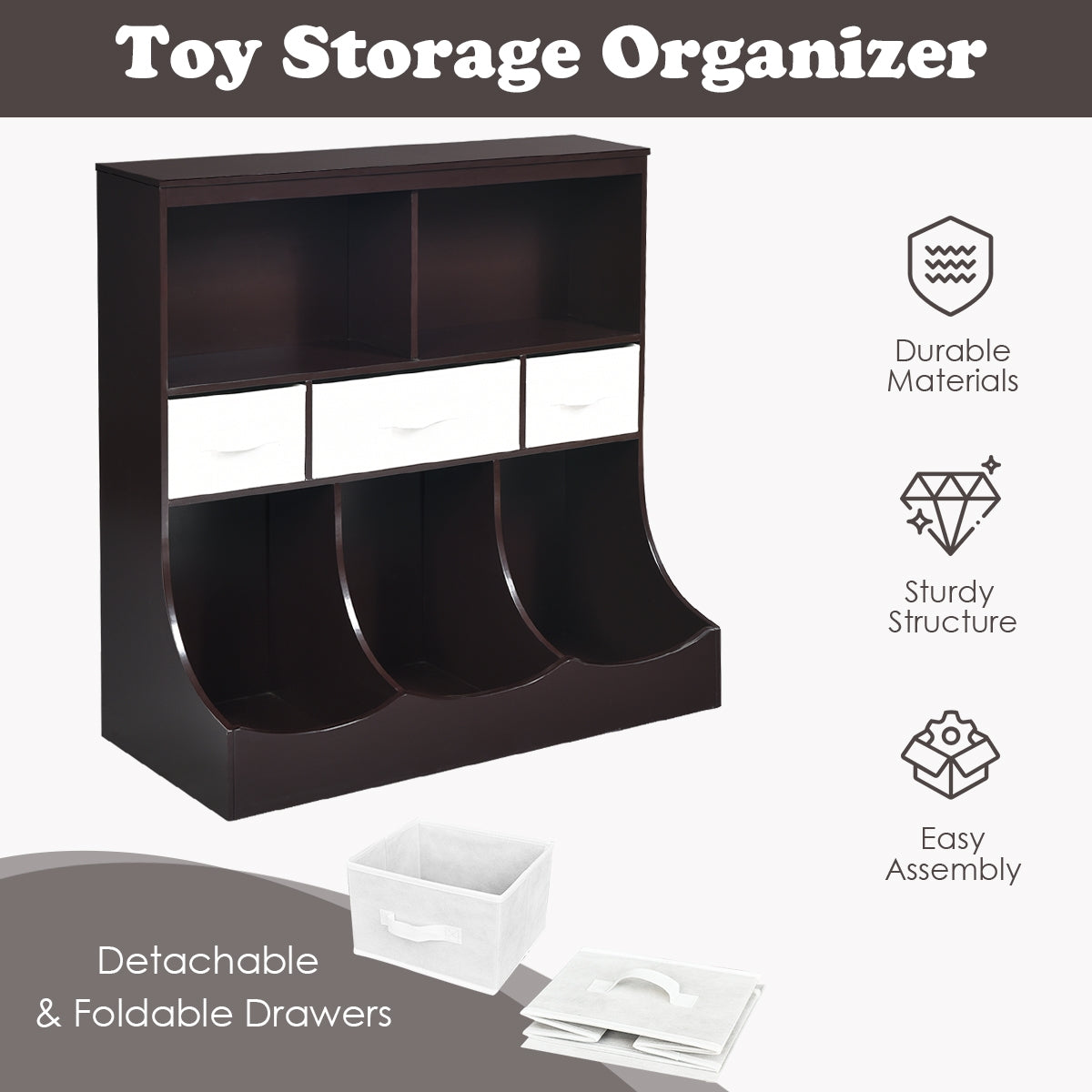 Freestanding Combo Cubby Bin Storage Organizer Unit W/3 Baskets-Brown Kids Crystal