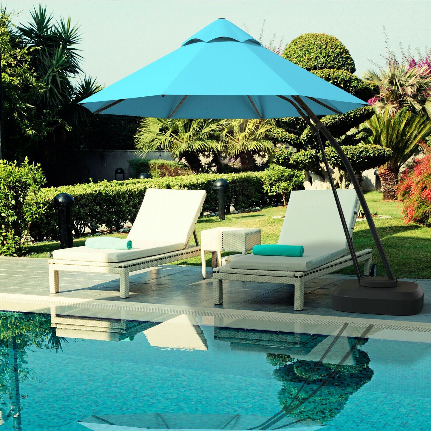 11 Feet Outdoor Cantilever Hanging Umbrella with Base and Wheels-Turquoise Kids Crystal