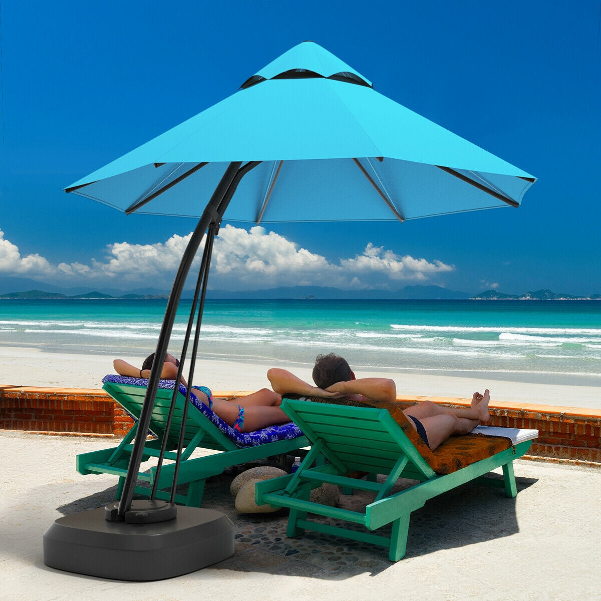 11 Feet Outdoor Cantilever Hanging Umbrella with Base and Wheels-Turquoise Kids Crystal