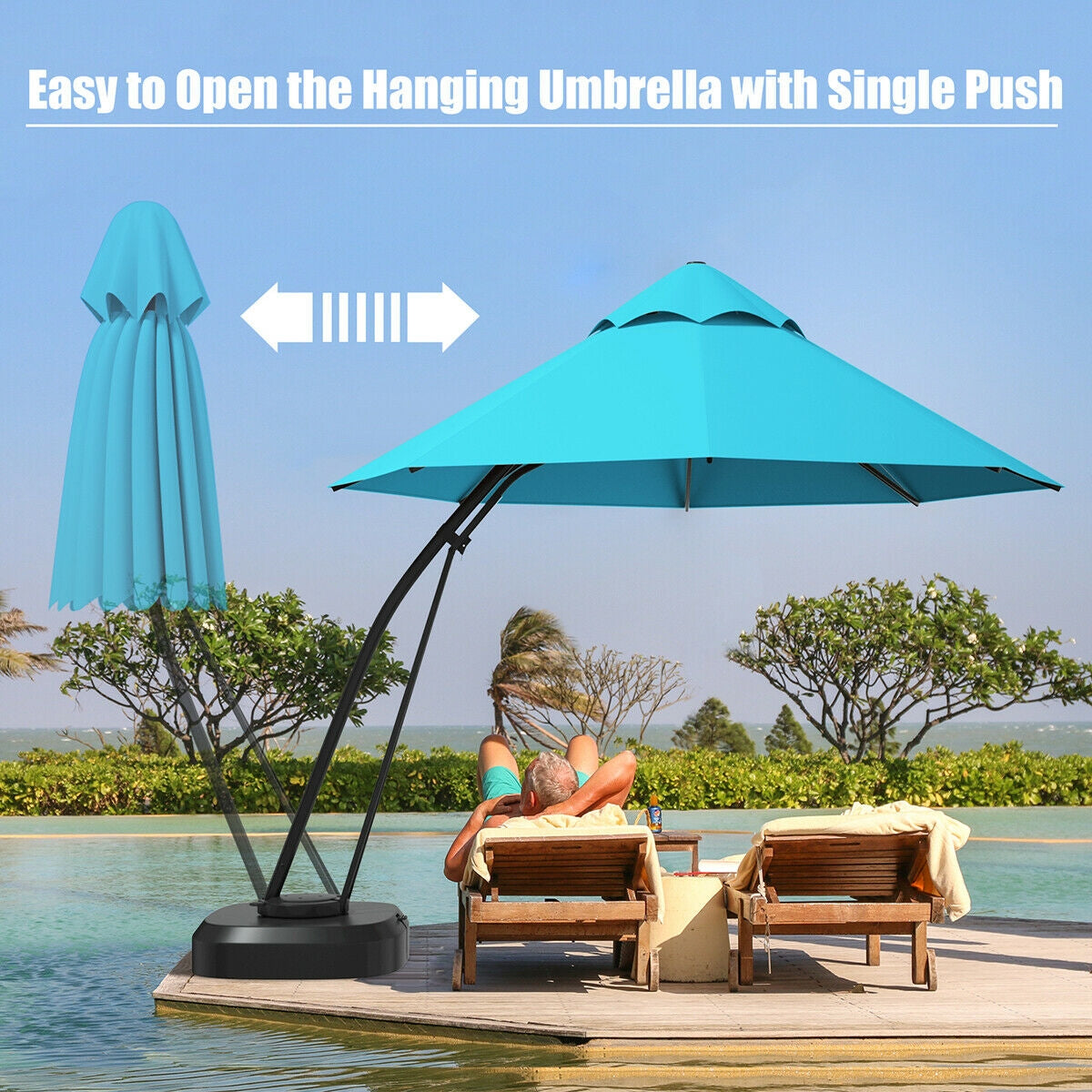 11 Feet Outdoor Cantilever Hanging Umbrella with Base and Wheels-Turquoise Kids Crystal