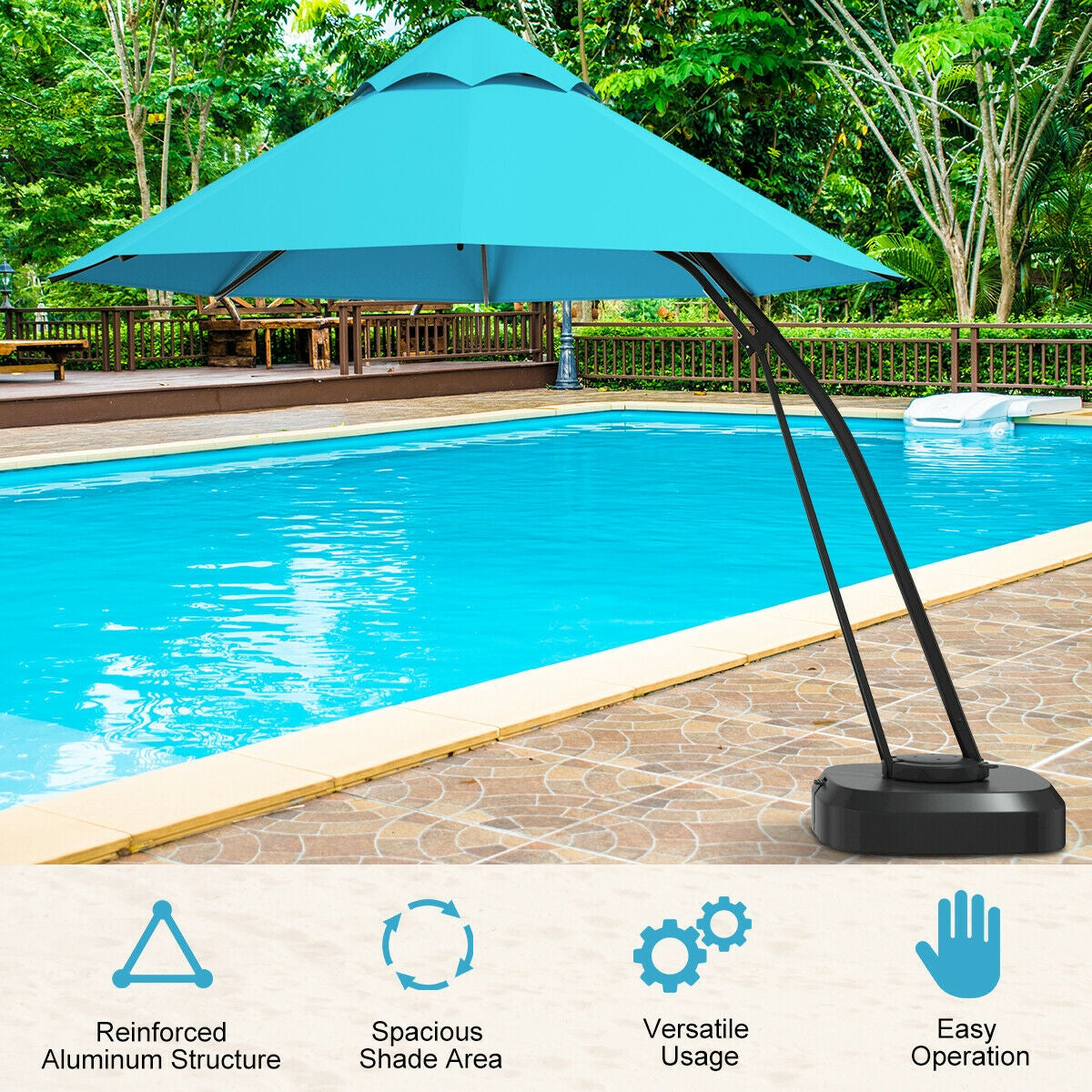 11 Feet Outdoor Cantilever Hanging Umbrella with Base and Wheels-Turquoise Kids Crystal