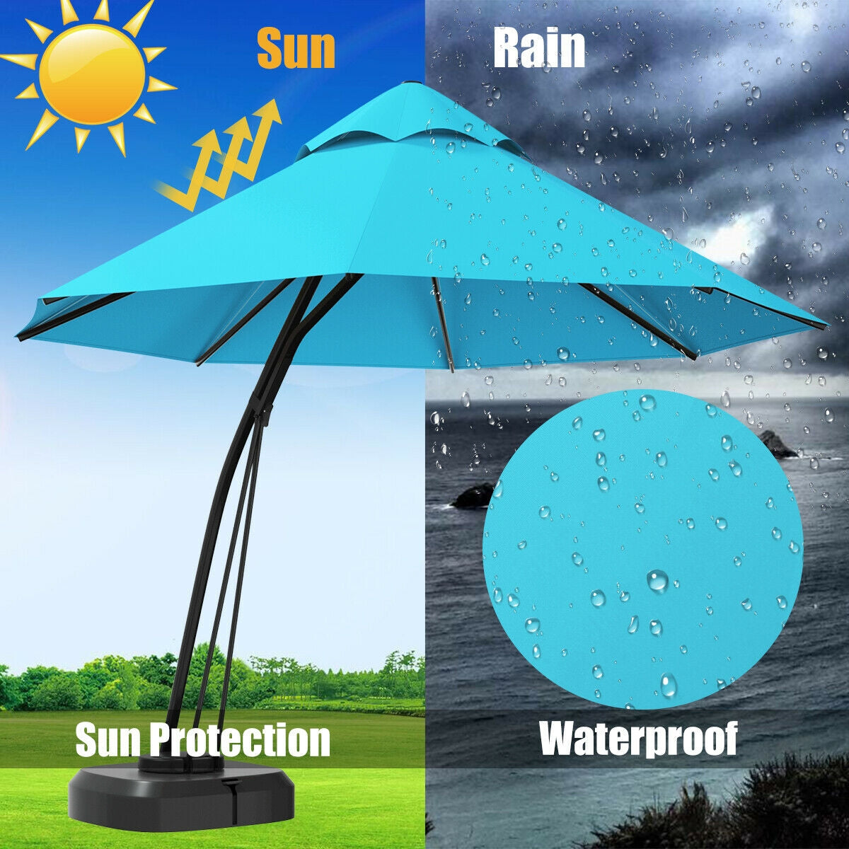 11 Feet Outdoor Cantilever Hanging Umbrella with Base and Wheels-Turquoise Kids Crystal