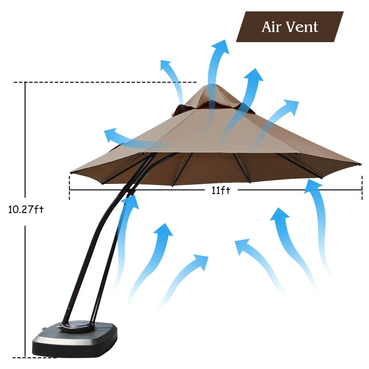 11 Feet Outdoor Cantilever Hanging Umbrella with Base and Wheels-Tan Kids Crystal