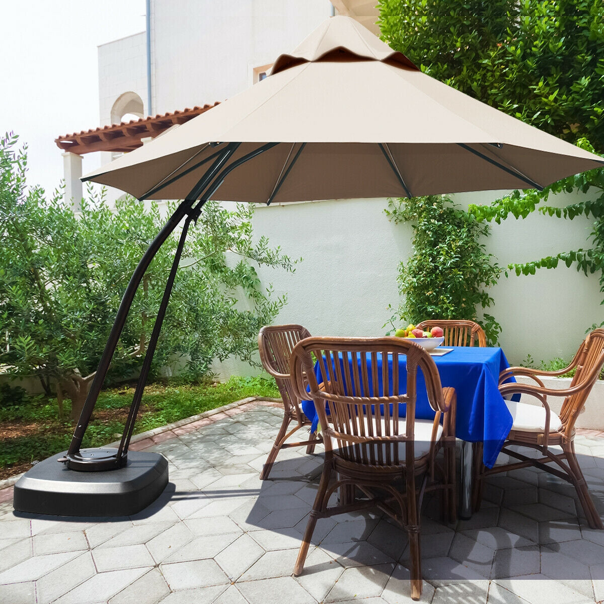 11 Feet Outdoor Cantilever Hanging Umbrella with Base and Wheels-Tan Kids Crystal