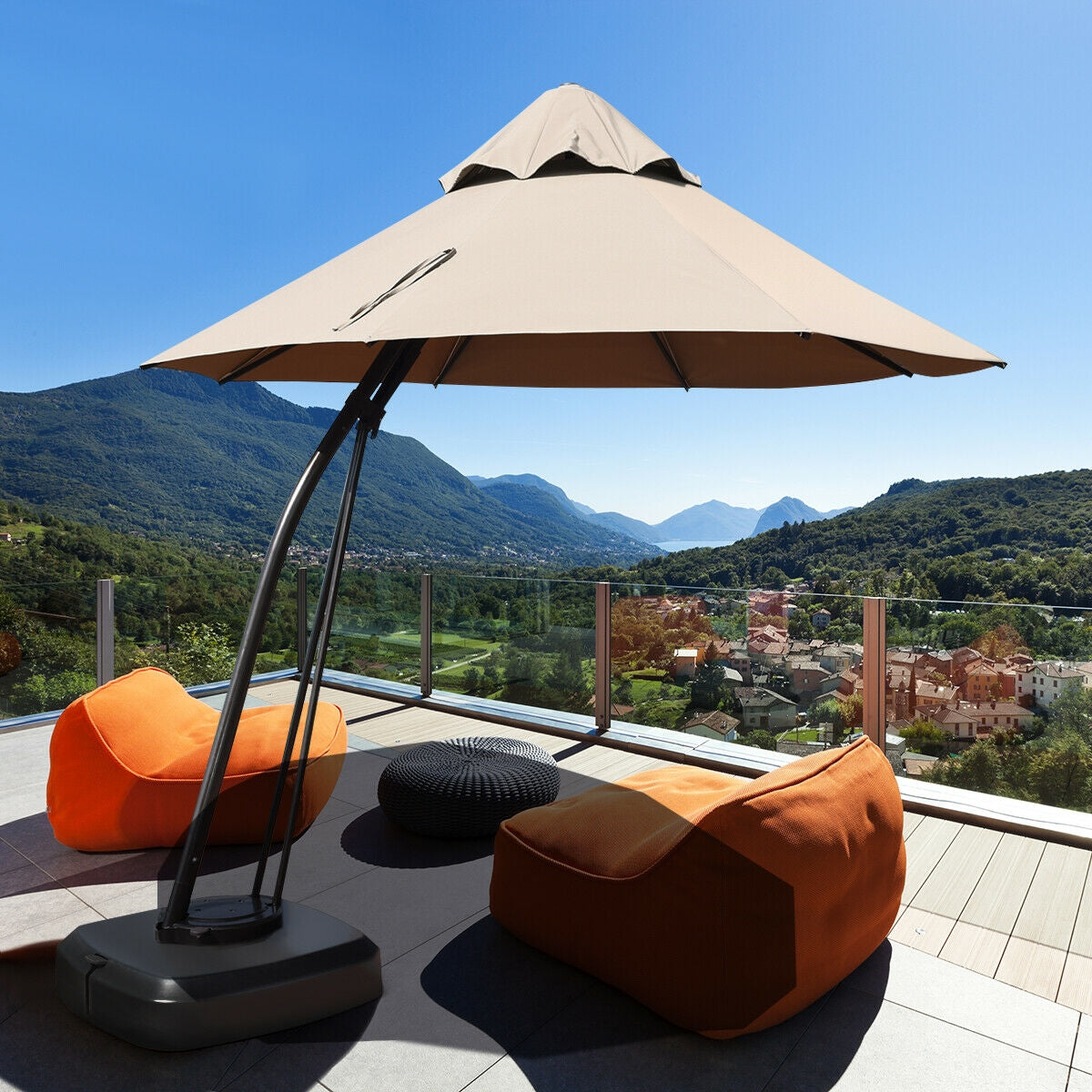11 Feet Outdoor Cantilever Hanging Umbrella with Base and Wheels-Tan Kids Crystal